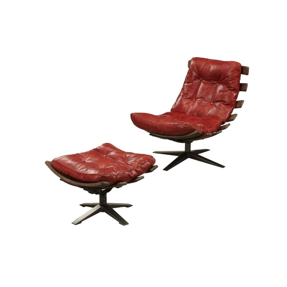 27" Red and Brown Top Grain Leather Tufted Swivel Lounge Chair With Ottoman