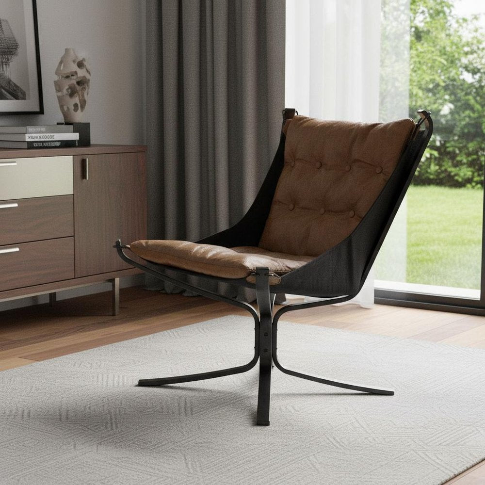 30" Coffee and Steel Blue Top Grain Leather Tufted Lounge Chair