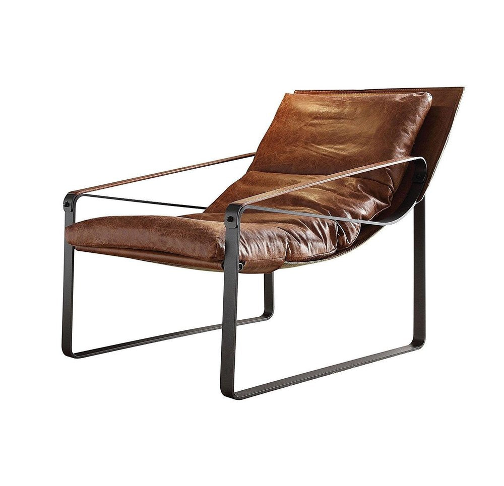 27" Chocolate and Steel Blue Top Grain Leather Lounge Chair