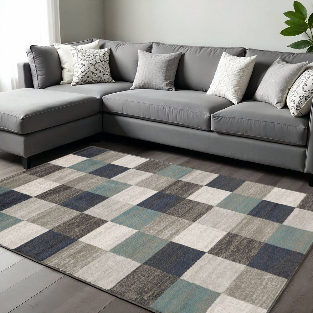 8' X 10' Teal Ivory And Gray Geometric Area Rug
