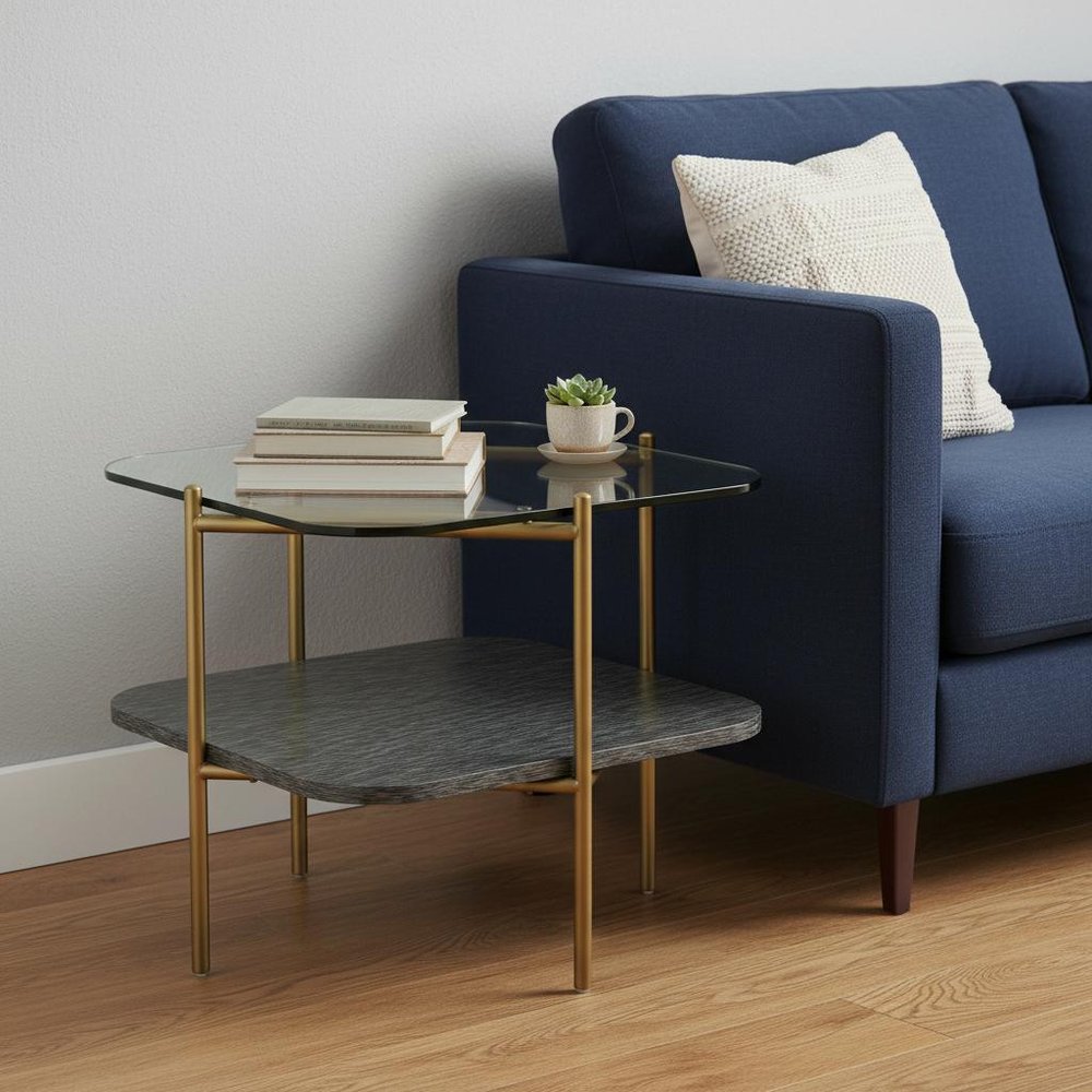20" Gold And Clear Glass And Metal Square End Table With Shelf