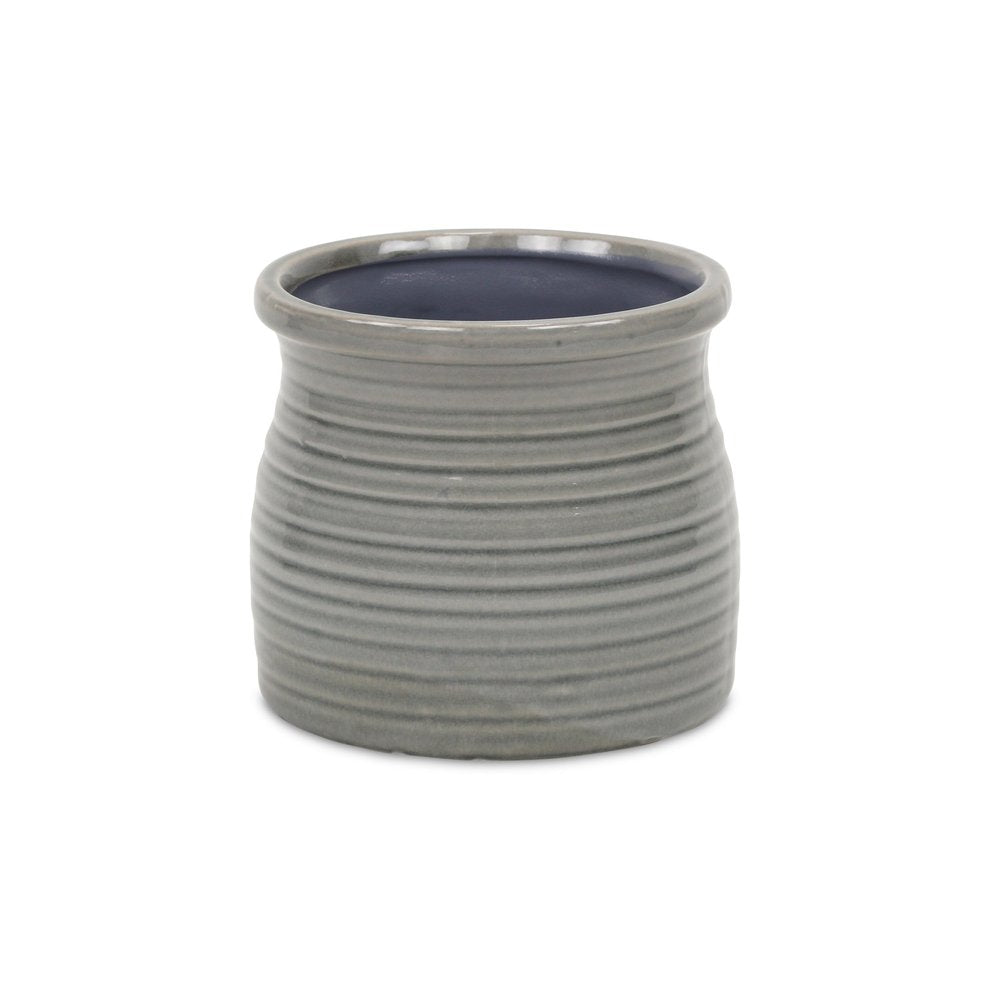 Gray Ceramic 51 Ounce Striped Round Distressed Pot Planter