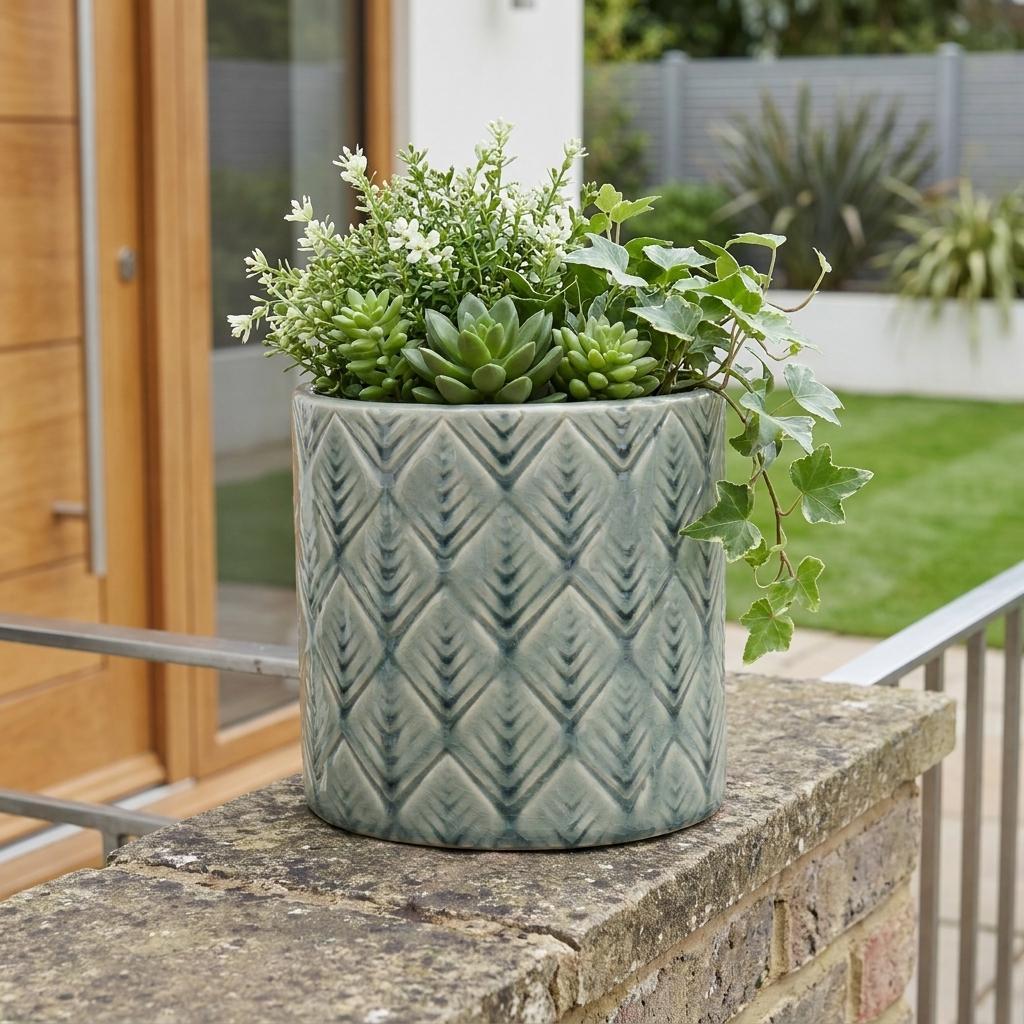 6" Green Geometric Ceramic Indoor Outdoor Round Pot Planter