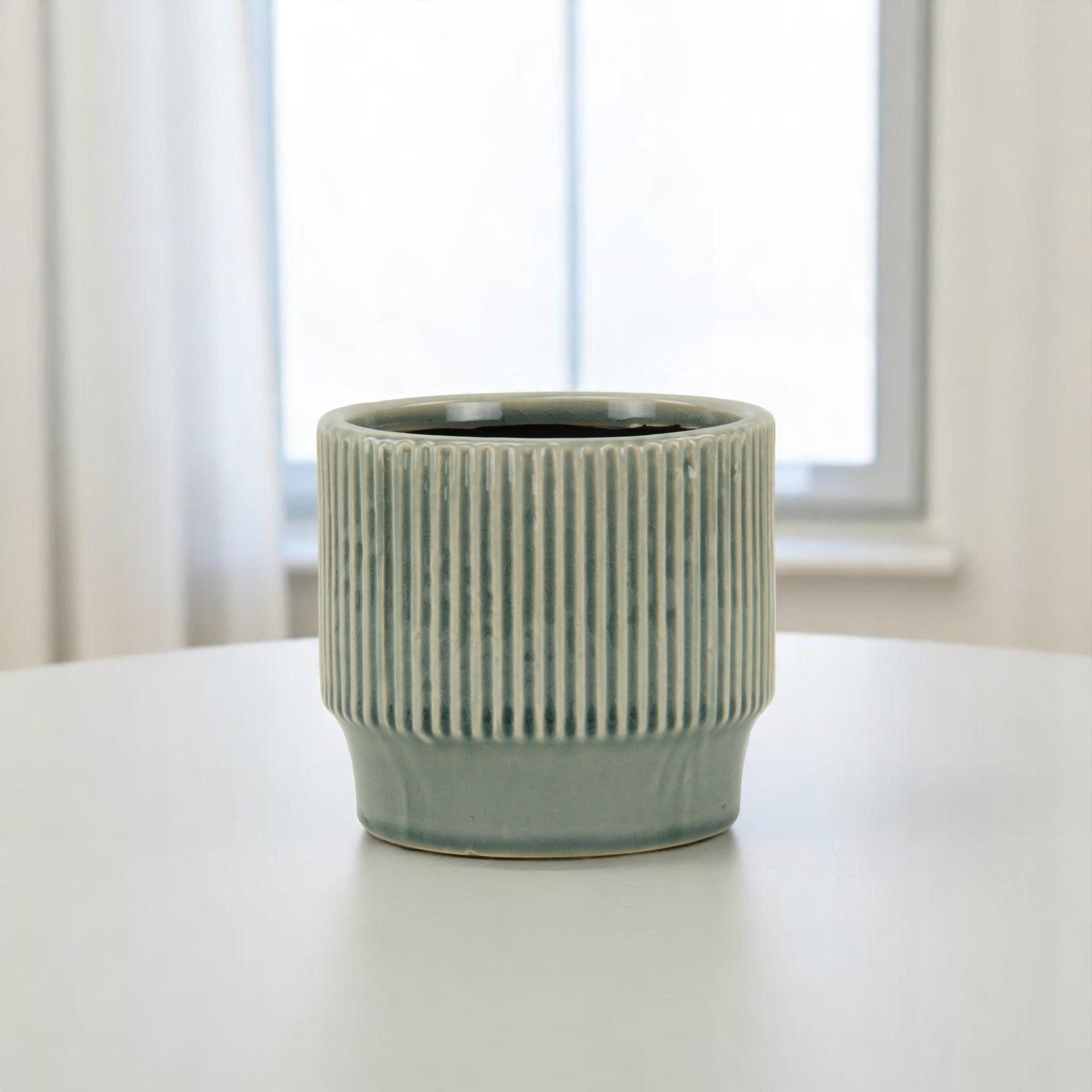 Green Ceramic 41 Ounce Striped Round Distressed Pot Planter