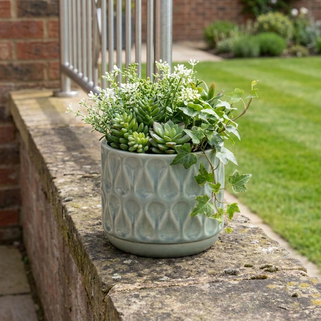 7" Green Geometric Ceramic Indoor Outdoor Round Pot Planter
