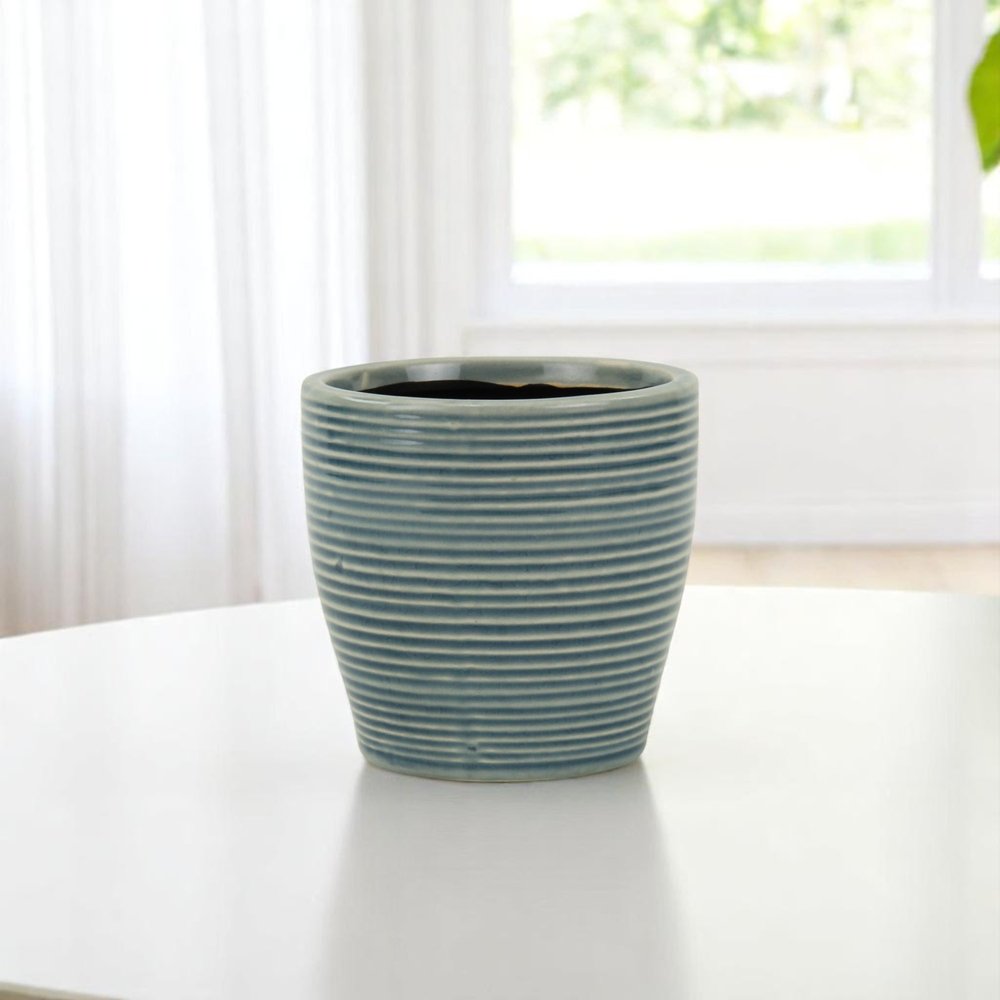 Blue Ceramic 22 Ounce Striped Round Distressed Pot Planter