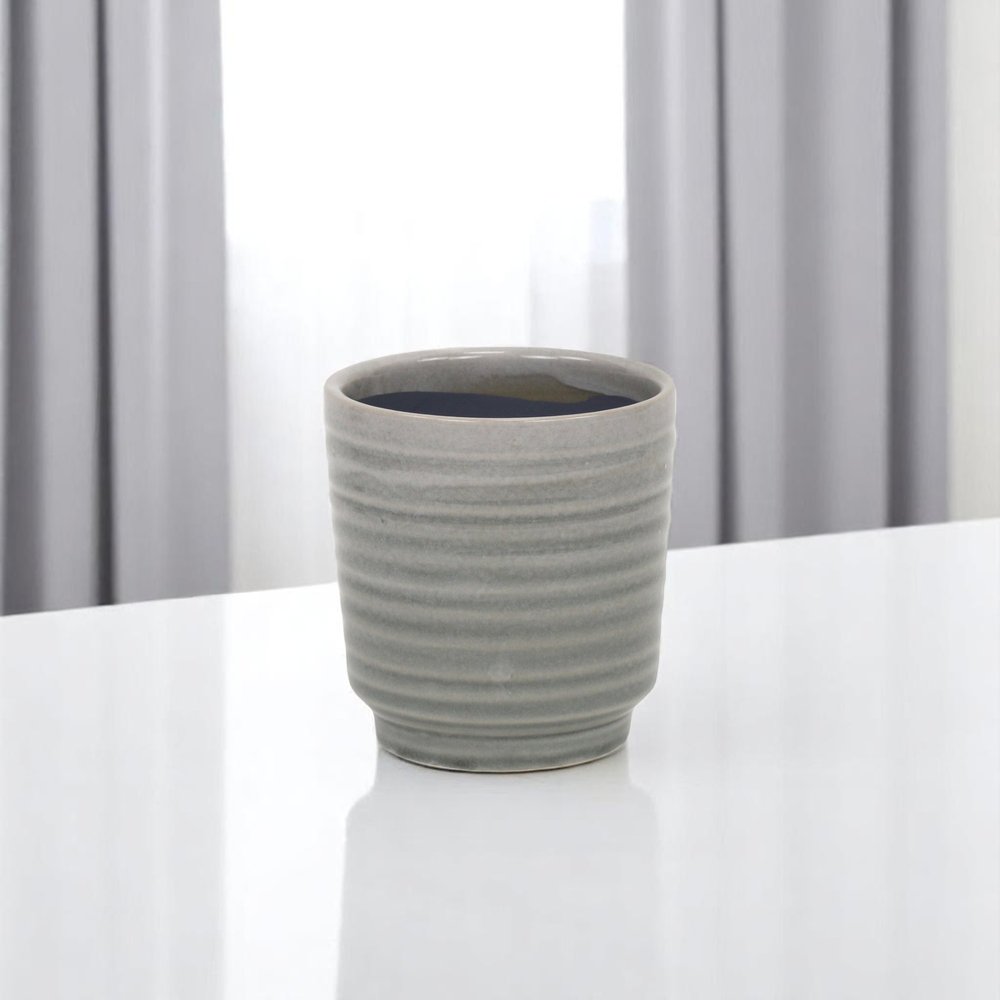 Gray Ceramic 19 Ounce Striped Round Distressed Pot Planter