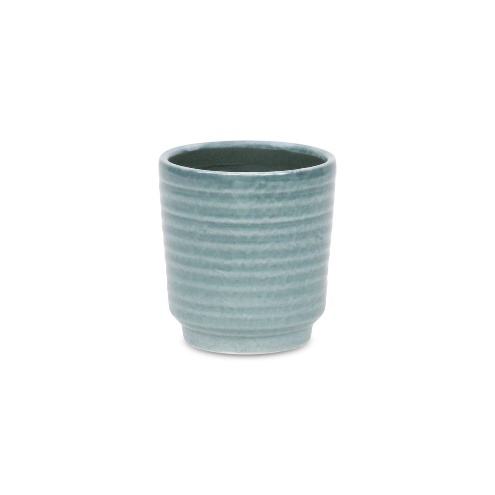Green Ceramic 15 Ounce Striped Round Distressed Pot Planter