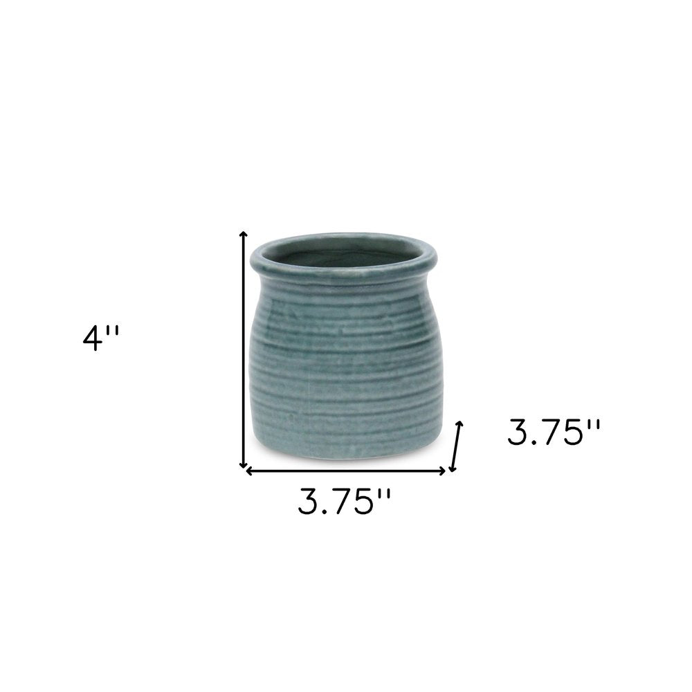 Green Ceramic 12 Ounce Striped Round Distressed Pot Planter