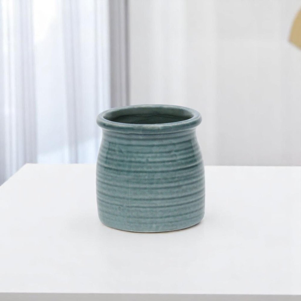Green Ceramic 12 Ounce Striped Round Distressed Pot Planter