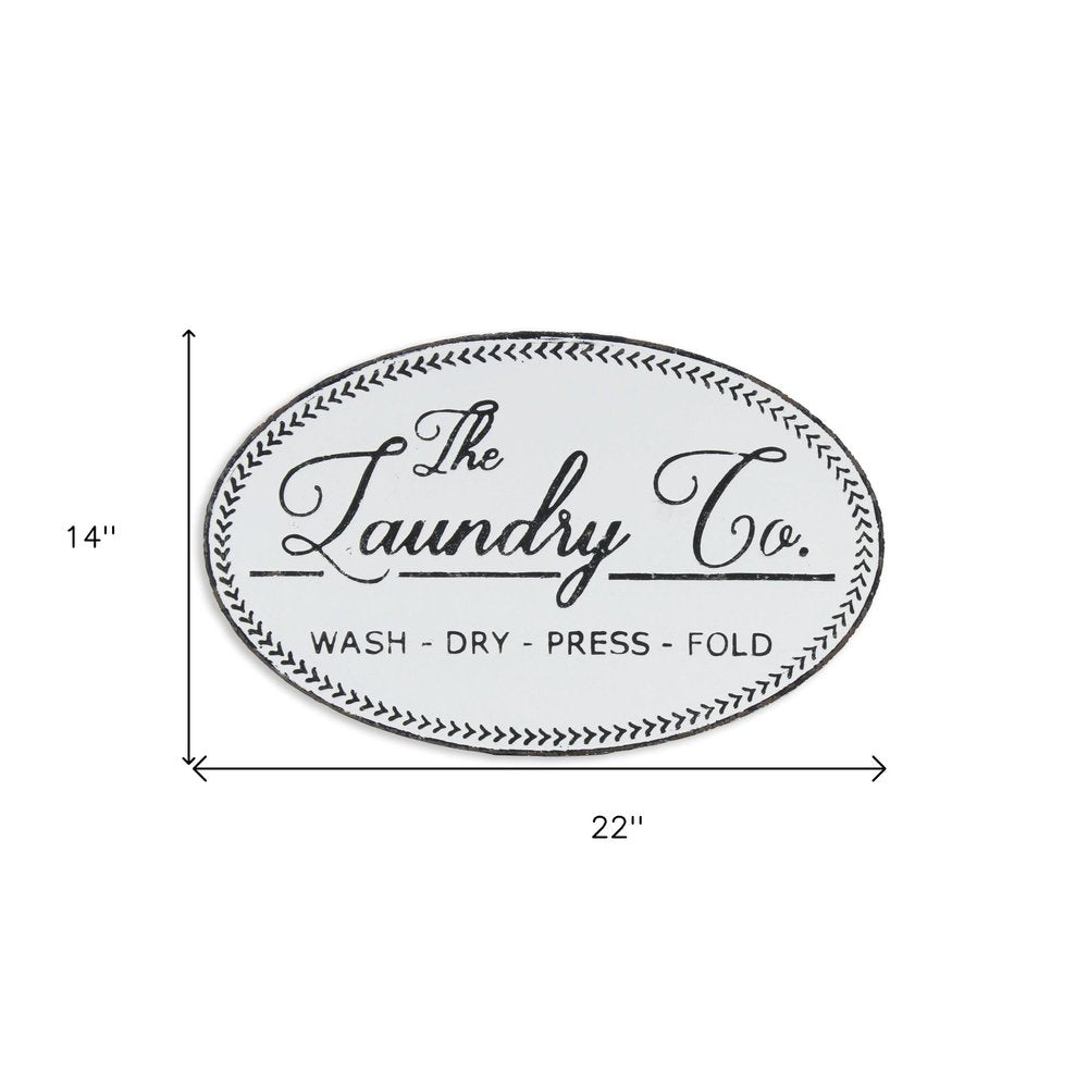14" X 22" White And Dark Gray The Laundry Co Metal Oval Wall Decor