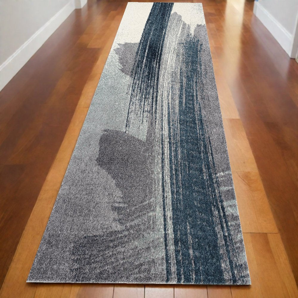 13' Blue And White Abstract Shag Runner Rug