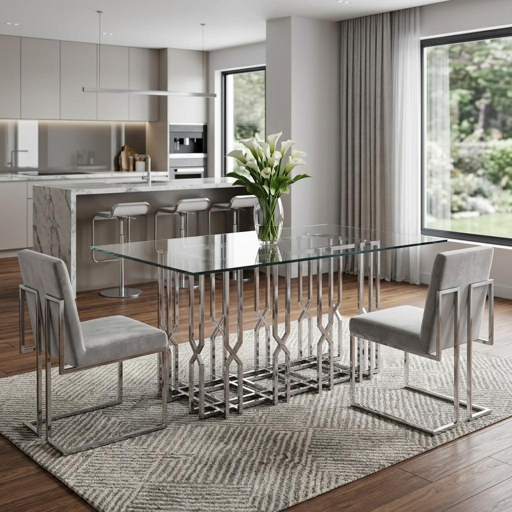 87" Clear And Silver Glass And Stainless Steel Pedestal Base Dining Table