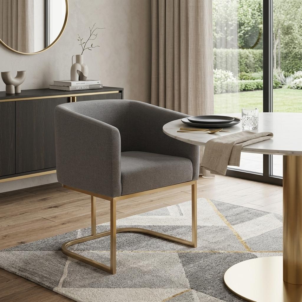 Dark Gray And Antiqued Brass Upholstered Fabric Dining Arm Chair