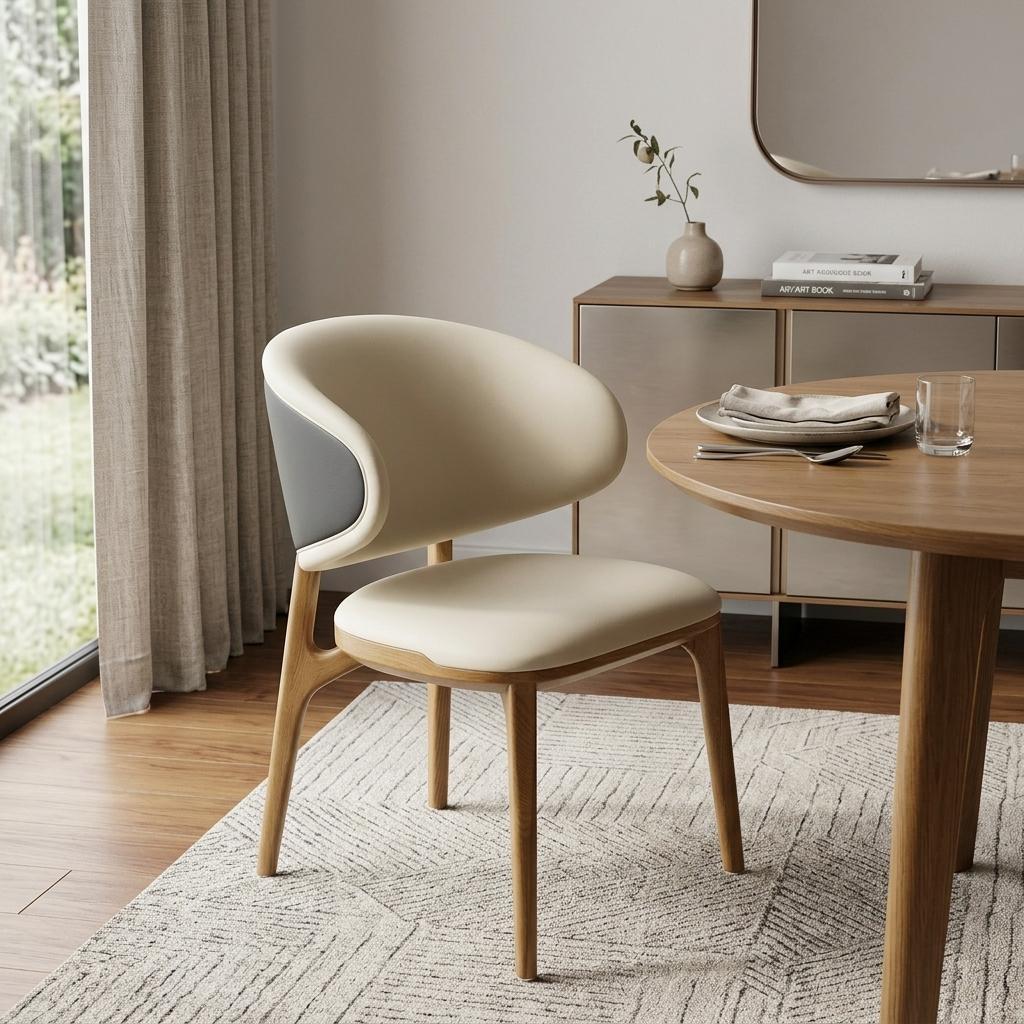 Cream And Brown Upholstered Fabric Wing Back Dining Side Chair