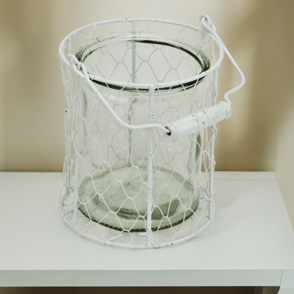 6" White and Clear Wire Basket and Glass Jar