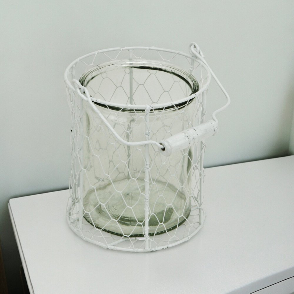 6" White and Clear Wire Basket and Glass Jar