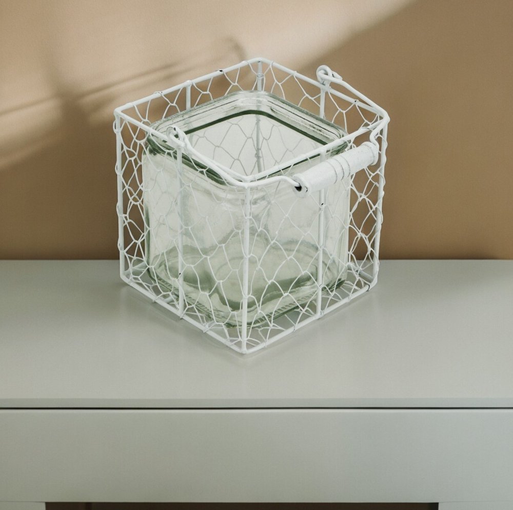 5.5" White and Clear Wire Basket Glass Jar