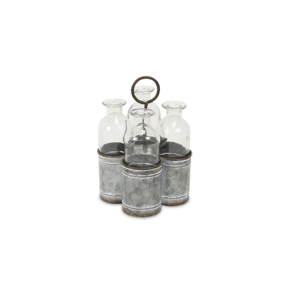 Set of Four Clear Galvanized Metal and Glass Decorative Bottle Tabletop Sculpture
