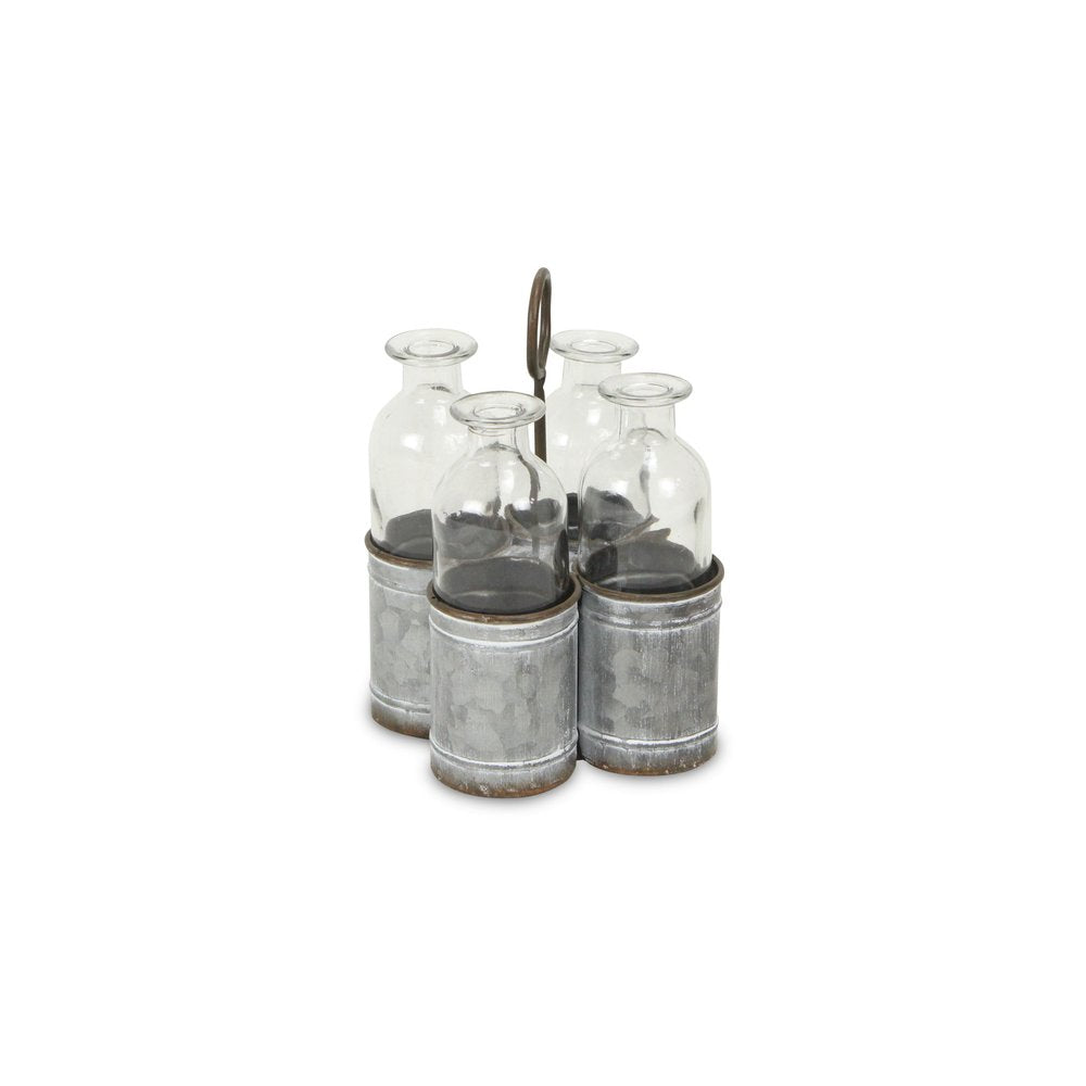 Set of Four Clear Galvanized Metal and Glass Decorative Bottle Tabletop Sculpture