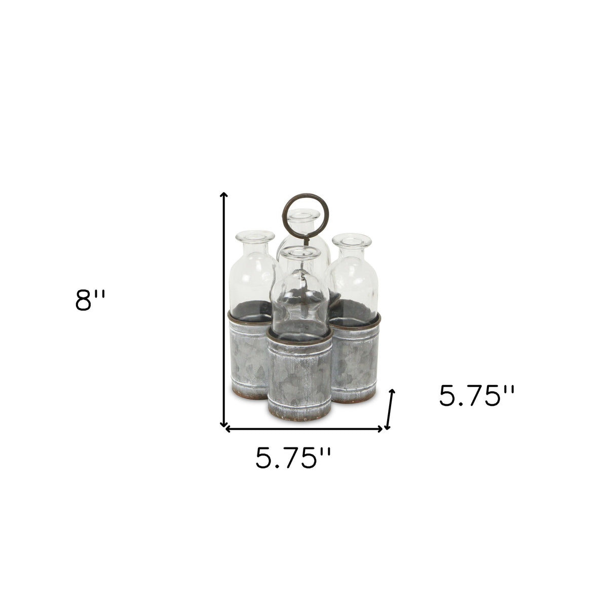 Set of Four Clear Galvanized Metal And Glass Decorative Bottle