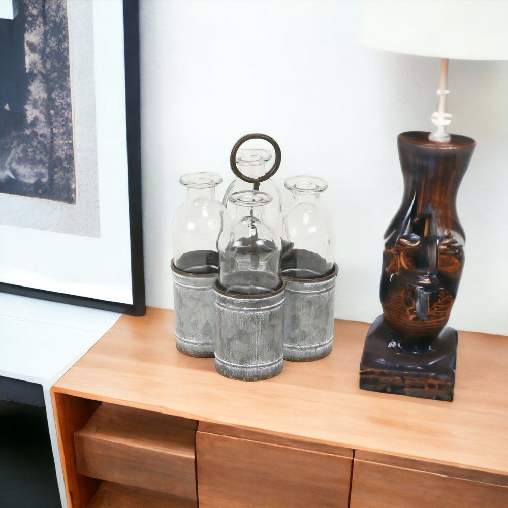 Set of Four Clear Galvanized Metal and Glass Decorative Bottle Tabletop Sculpture