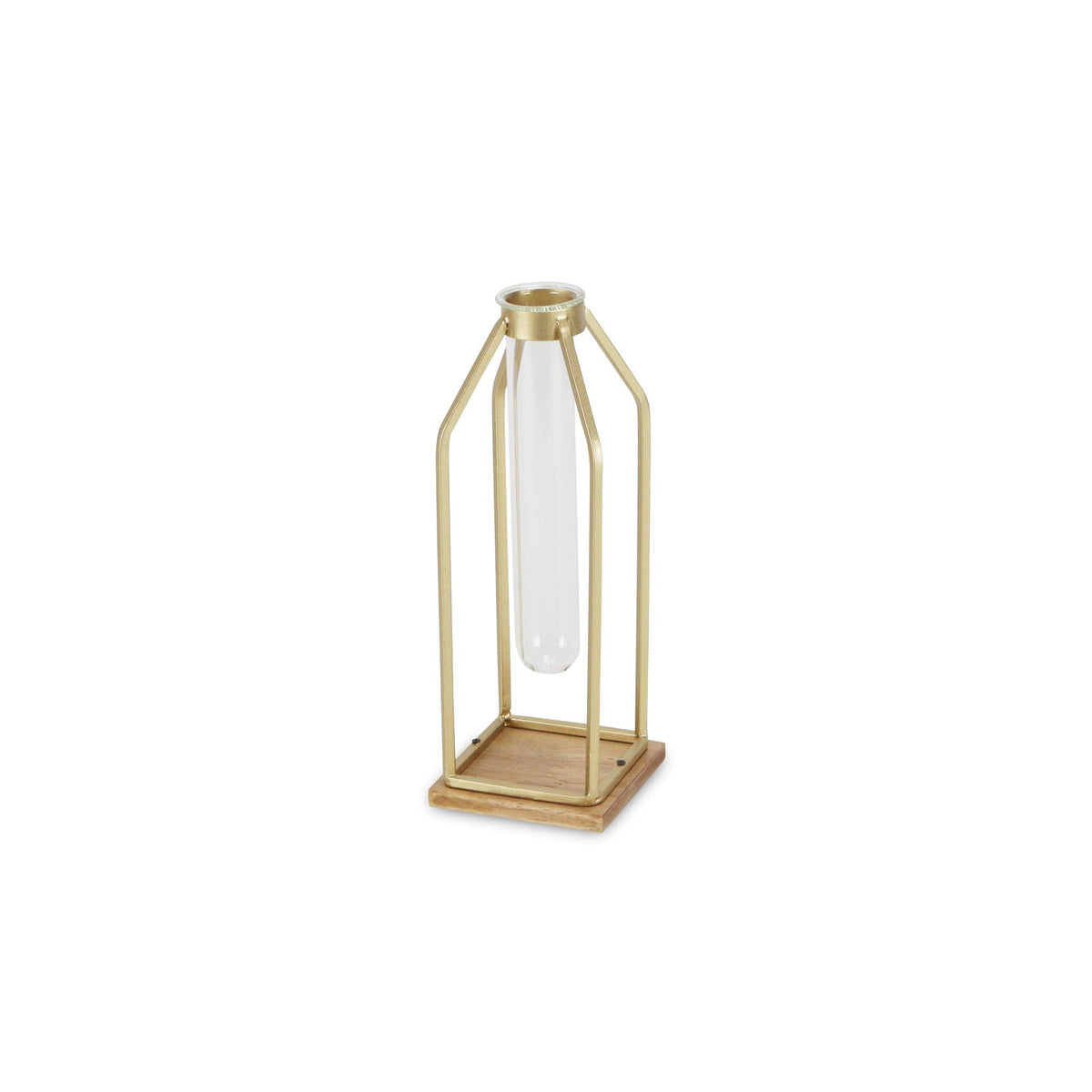 11" Gold Clear And Natural Metal Glass And Wood Test Tube Table Vase