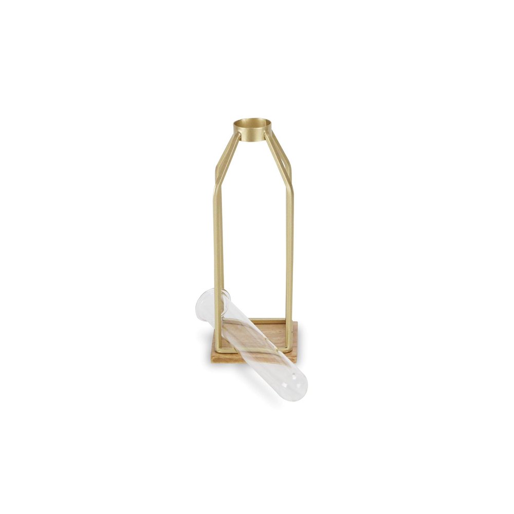 11" Gold Clear And Natural Metal Glass And Wood Test Tube Table Vase