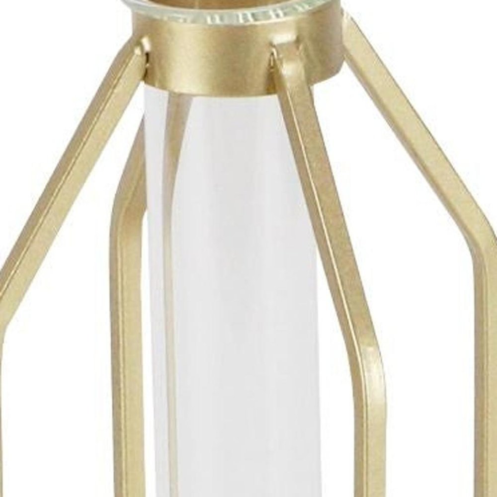 11" Gold Clear And Natural Metal Glass And Wood Test Tube Table Vase