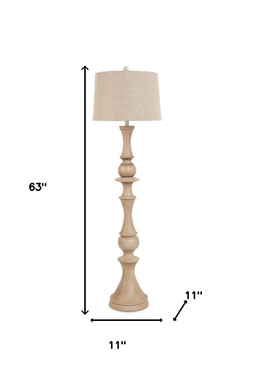 63" Natural Sculpted Stick Floor Lamp With Beige Burlap Drum Shade