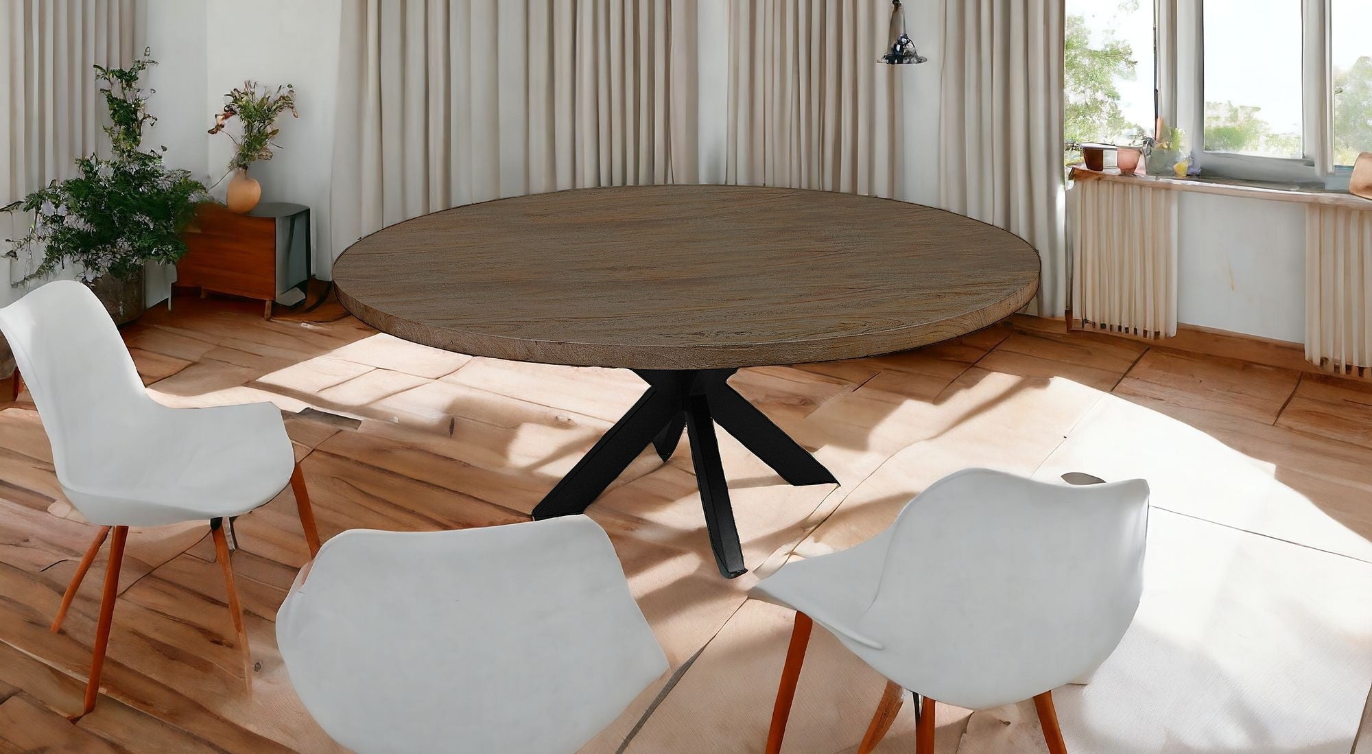 60" Natural And Black Rounded Solid Wood And Iron Pedestal Base Dining Table