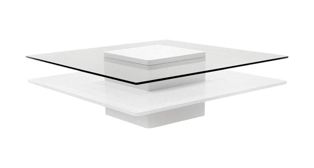 39" Clear and White Glass And Wood Square Pedestal Coffee Table With Shelf