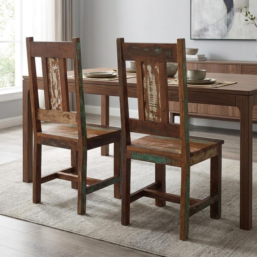 Set of Two Brown Slat Back Dining Side Chairs