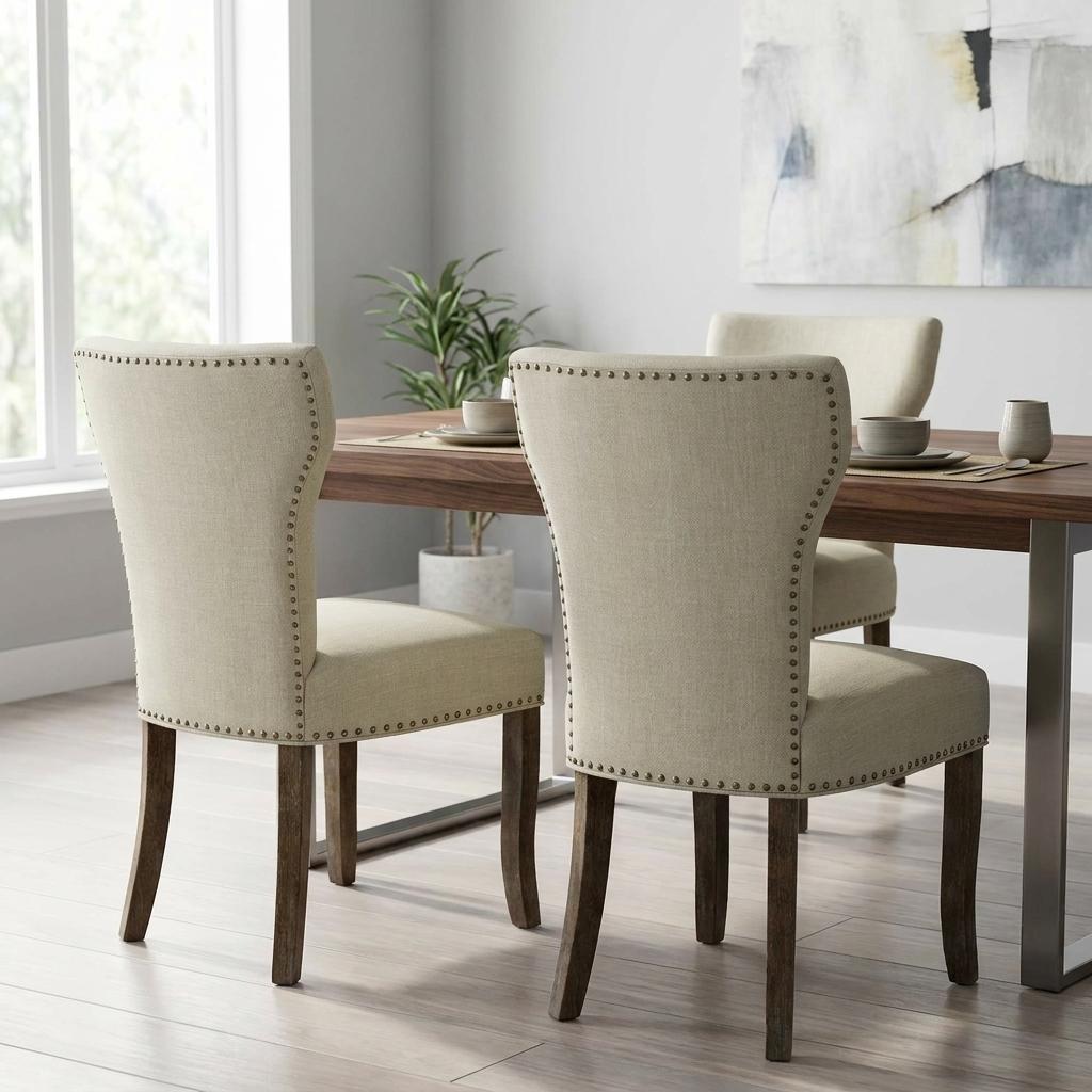 Set of Two Ivory and Brown Upholstered Fabric Dining Parsons Chairs