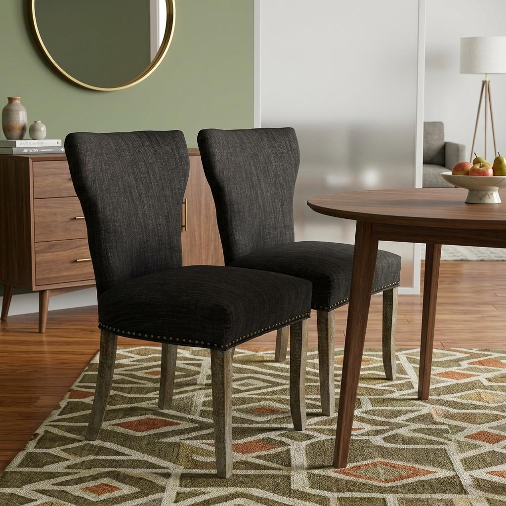 Set of Two Dark Gray And Brown Upholstered Fabric Dining Parsons Chairs