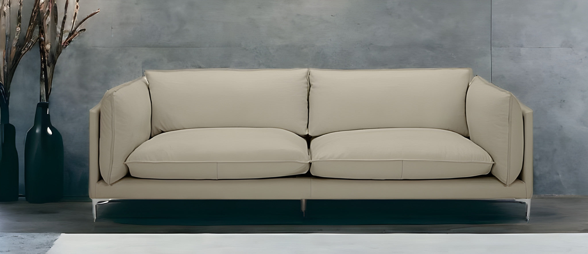 96" Taupe Leather Sofa With Silver Legs