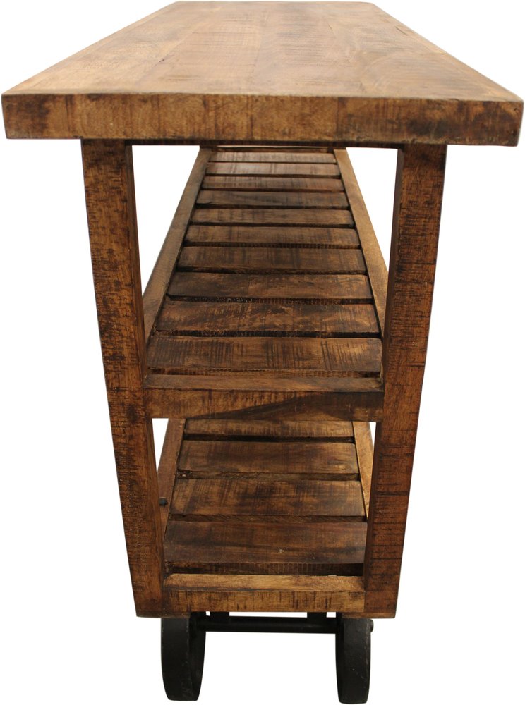 48" Brown and Black Solid Wood Distressed Wheel Console Table With Storage