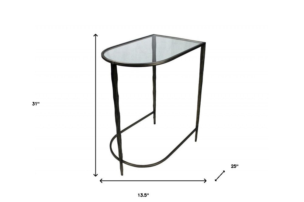 Set of Two 25" Black And Clear Glass And Genuine Marble Half Circle Three Leg Console Table