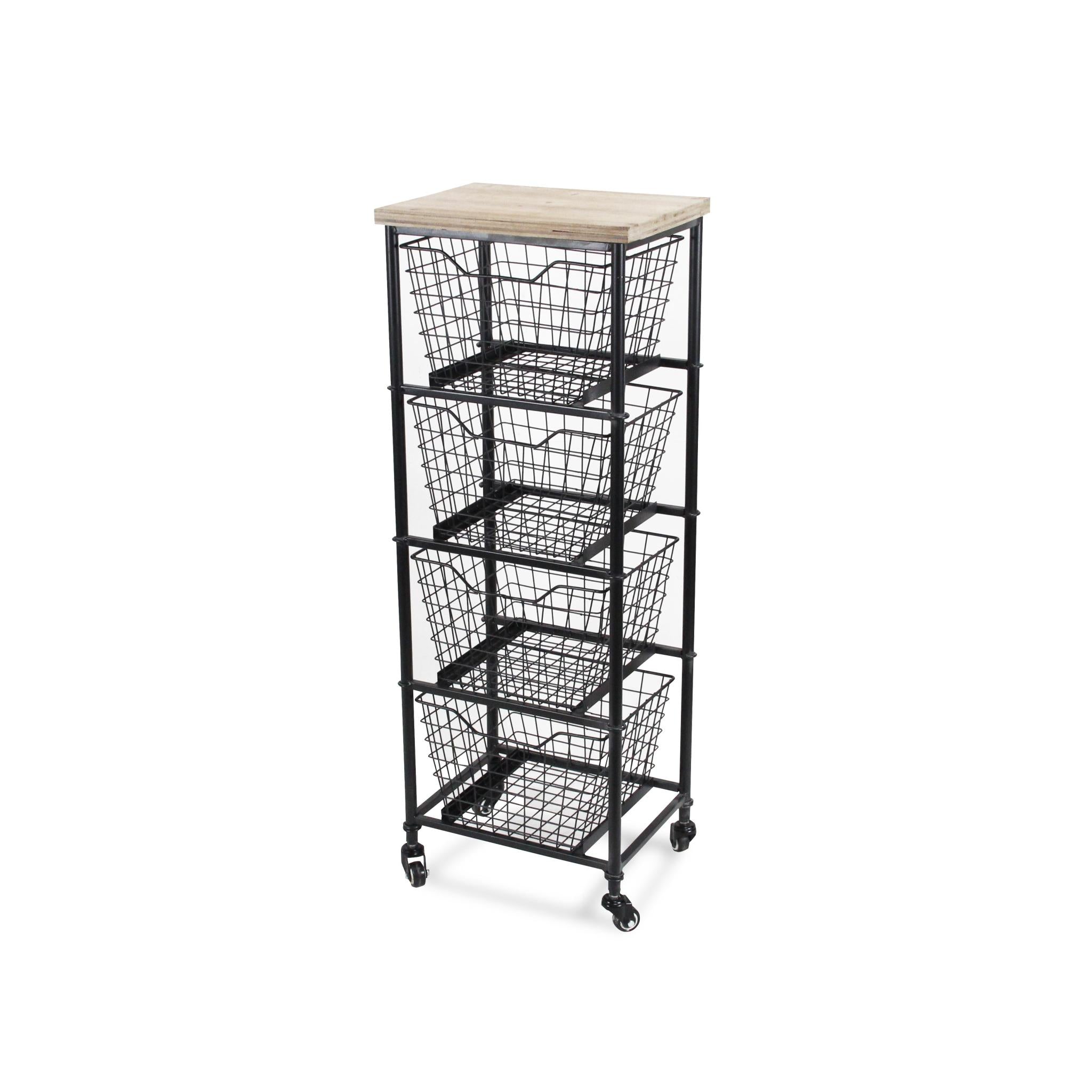 41" Black And Natural Metal And Wood Basket Storage Rolling Cabinet