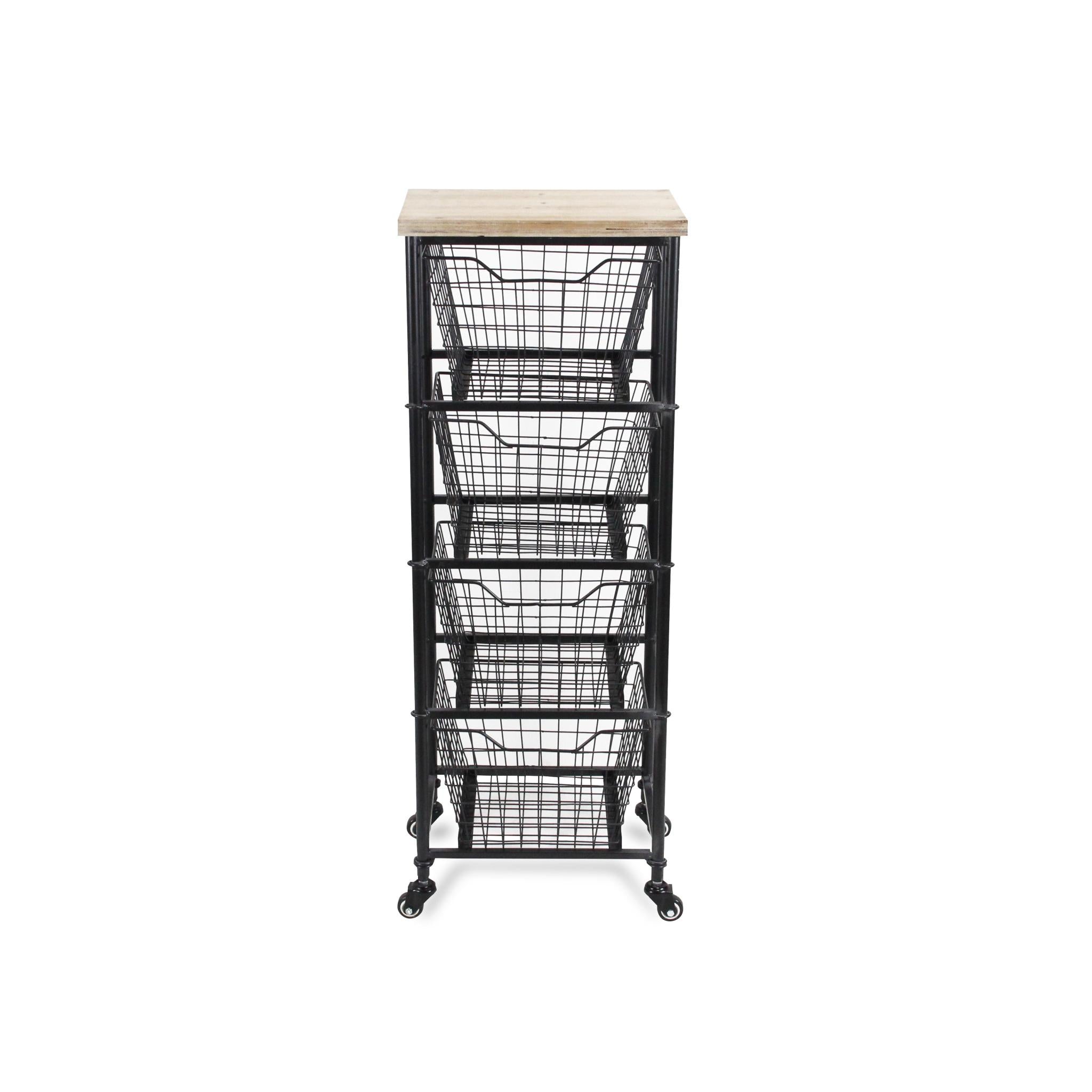 41" Black And Natural Metal And Wood Basket Storage Rolling Cabinet