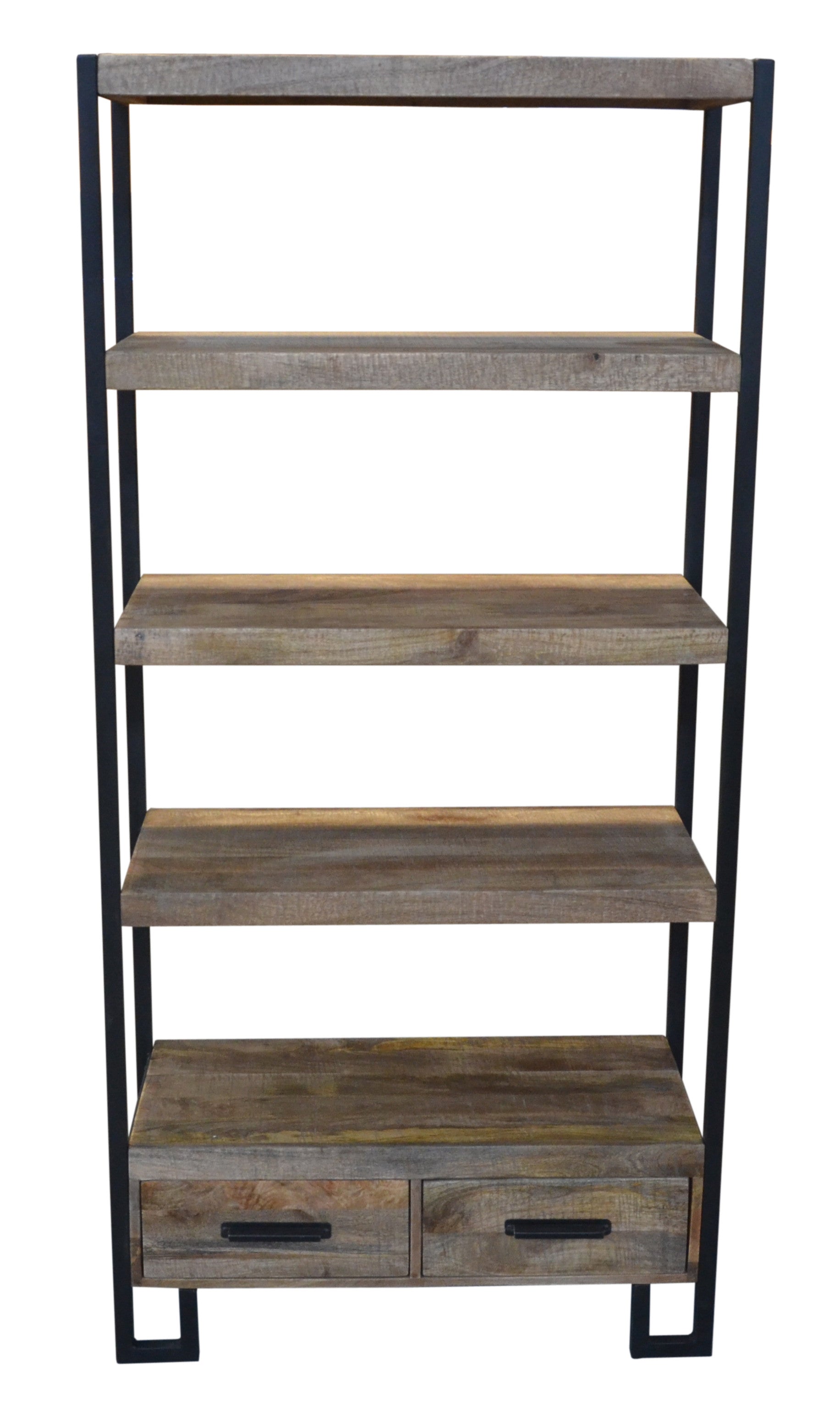 71" Distressed Solid Wood Four Tier Etagere Bookcase with Two Drawers