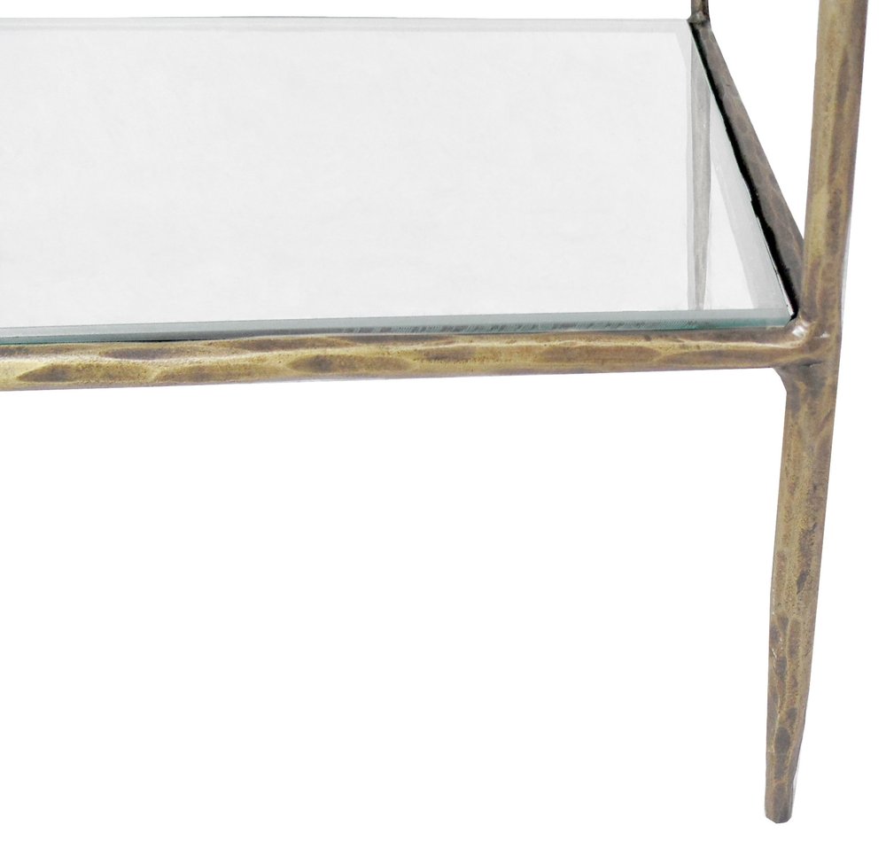 59" Antiqued Gold And Clear Iron and Glass Five Tier Etagere Bookcase