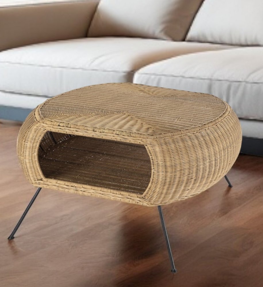 38" Natural and Black Rattan and Iron Oval Coffee Table