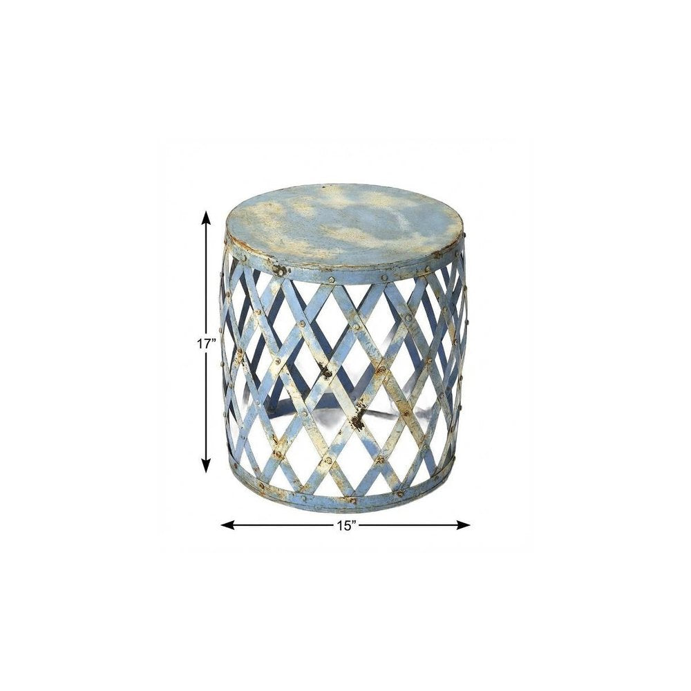 17" Rustic Blue Iron Lattice Round Top End Table
