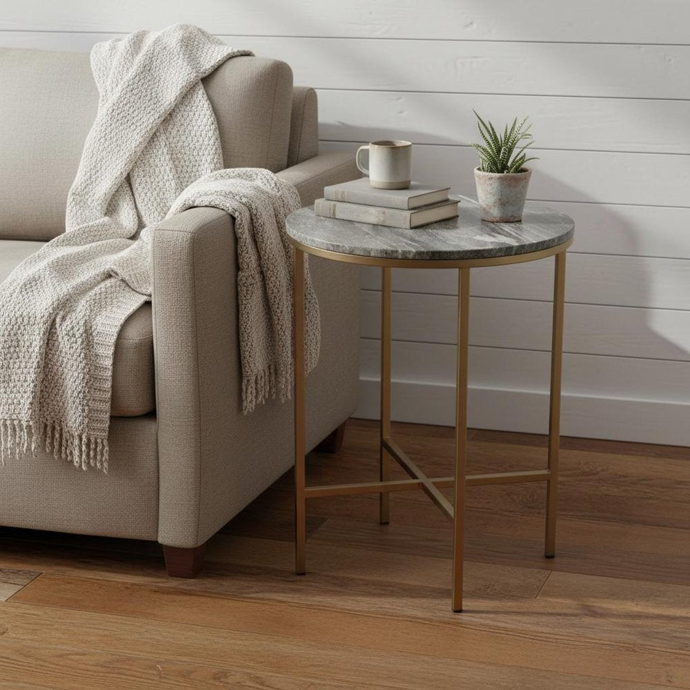 23" Brass And Gray Marble Round End Table