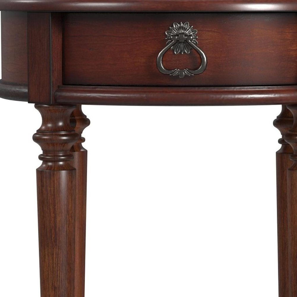 26" Brown Distressed Wood Round End Table With Drawer And Shelf