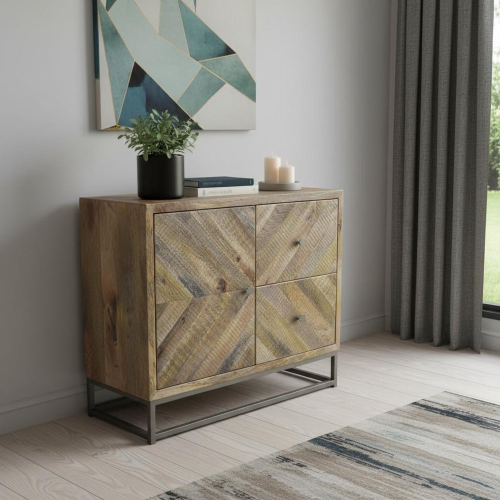 34" Shades of Natural Brown Solid Wood Accent Chest With A Door and Shelves