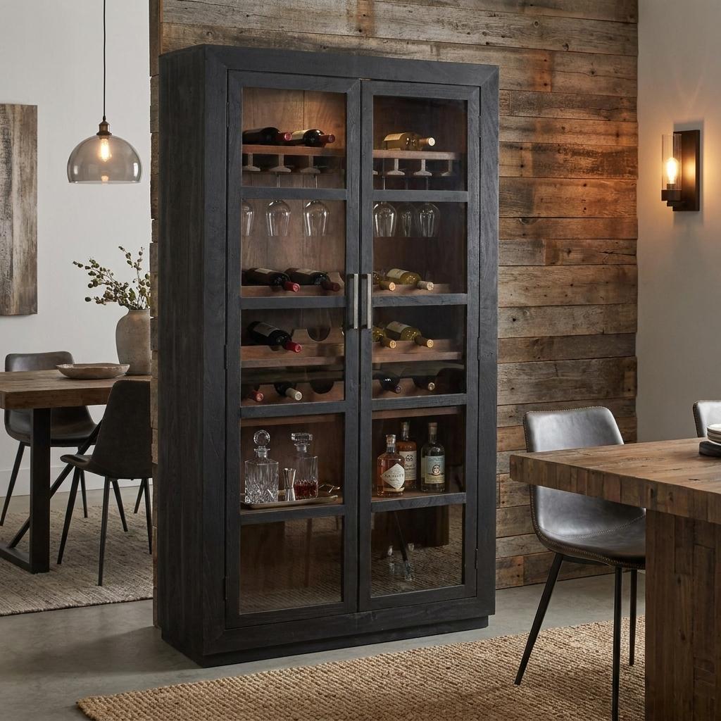 80" Dark Gray Distressed Solid Wood Bar Cabinet With Two Doors