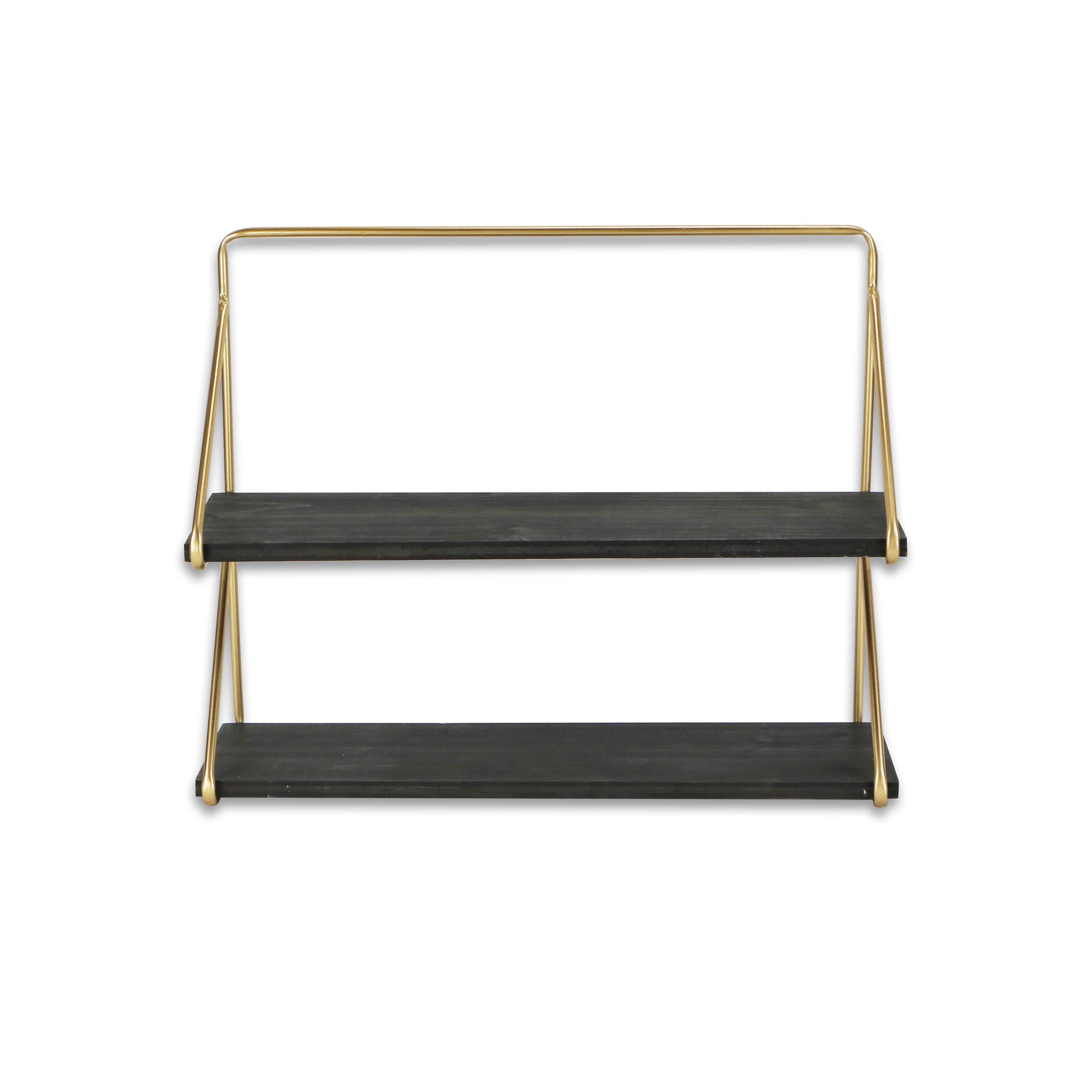 21" Dark Gray And Gold Metal And Wood Wall Mounted Tiered Shelf