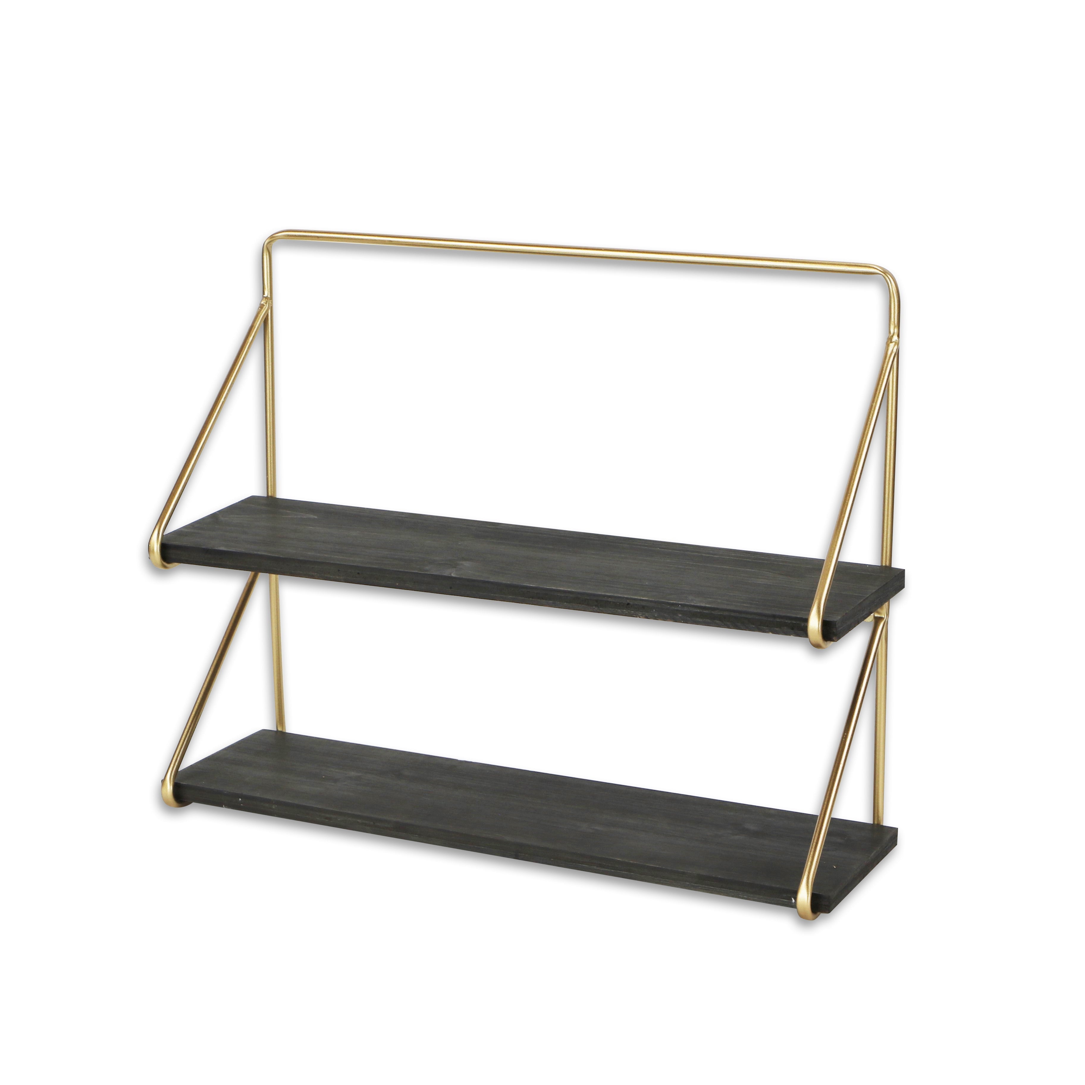 21" Dark Gray And Gold Metal And Wood Wall Mounted Tiered Shelf